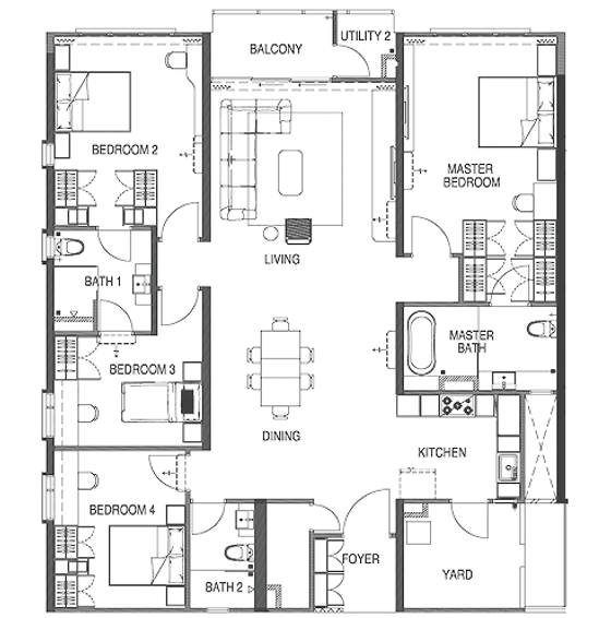 Floor plan, Type A2, 2,152 sq ft, four bedrooms and three bathrooms, sea-facing corner unit